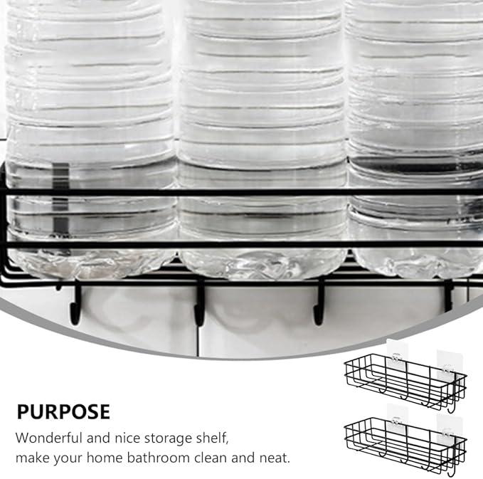 Veemoon Wall-Mounted Punch-Free Storage Rack with Hooks 2pcs, Iron Material, Nail-Free Organizer Shelf for Bathroom Kitchen, Black Bathroom Hanging Storage Solution