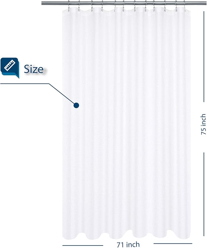 Barossa Design Longer Shower Curtain with 75 inch Height Fabric, Waffle Weave, Hotel Luxury Spa, Water Repellent, 230 GSM Heavy Duty, Machine Washable, White Pique Pattern Decorative Bathroom Curtain