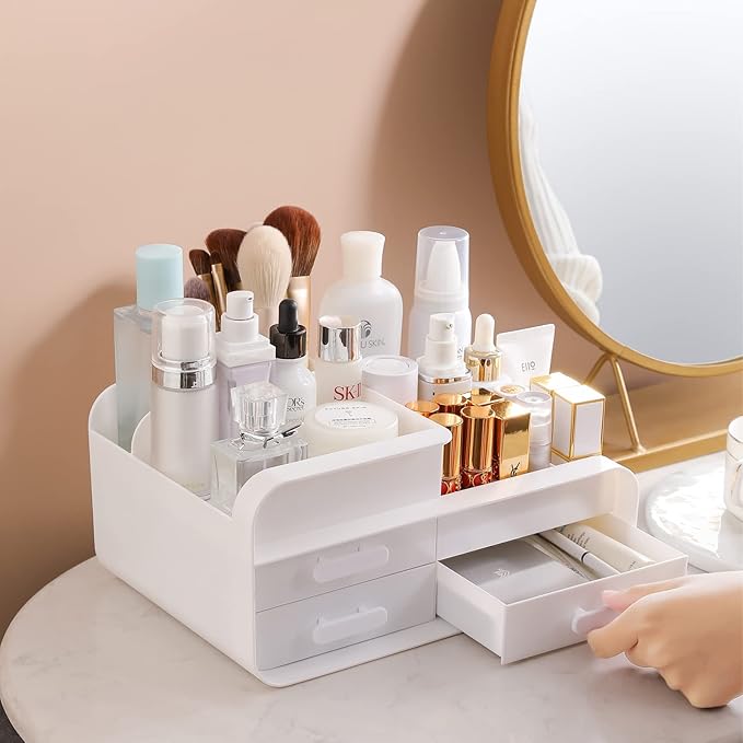 Makeup Desk Organizer With Drawers, Multifunction Desk Skincare Organizer for Dressing Table, Vanity Countertop, Bathroom Counter, Lotions, Lipstick and Nail Polish (White)