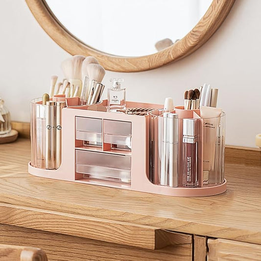 360 Rotating Makeup Brush Holder with 3 Drawers, Makeup Organizer Countertop with 10 Slots Pencil Holder,Hair Comb Holder for Vanity (Pink (3 Drawer))