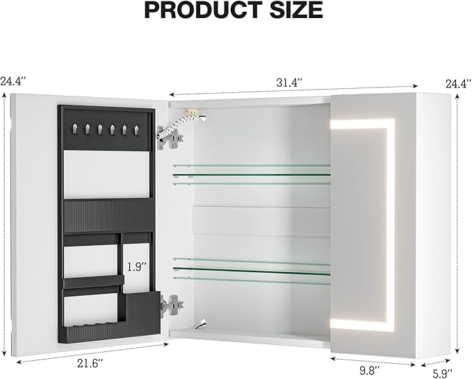 LED Lighted Bathroom Medicine Mirror Cabinet with 3-Color LED Lights, Anti-Fog, Dimmable, Wall Mount, 3-Adjustable Shelves, Wall Mounted Bathroom Mirror with Storage (24‘’×32‘’)