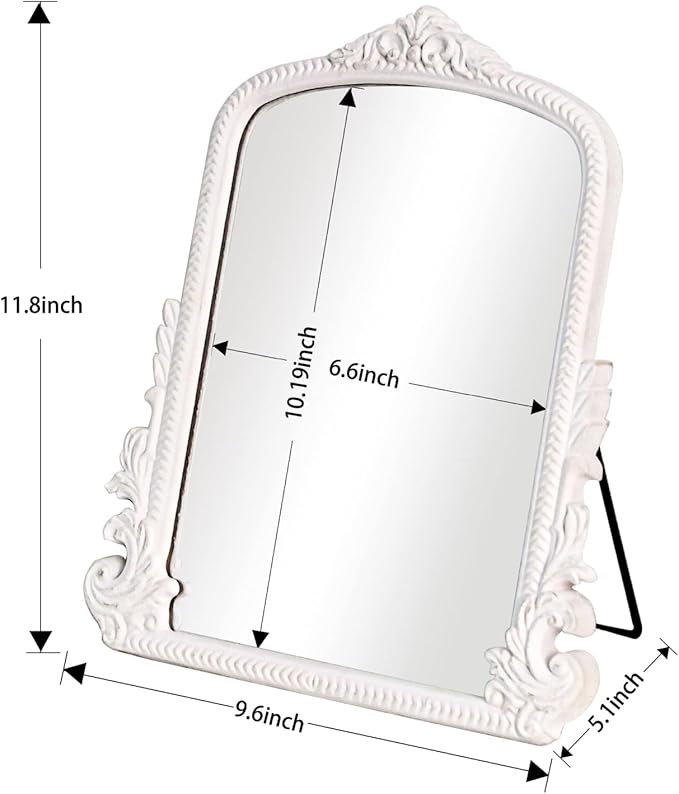 HSDDHOME 11.8" x 9.6" Small White Arched Vanity Mirror, Vintage Makeup Mirror Baroque Style Arendahl Carved Mirror with Frame for Desk Decorative Table Aesthetic for Dresser,Bedroom,Living-Room