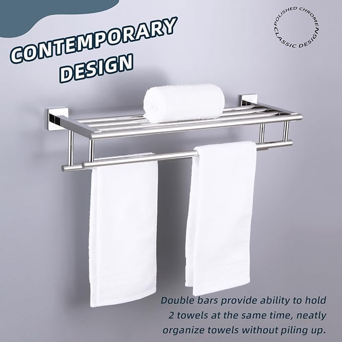 Bathroom Towel Rack Polished Chrome, Angle Simple SUS304 Stainless Steel Bath Towel Bar with Shelf for Wall 23.62 Inches