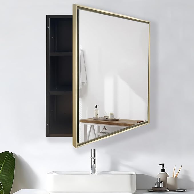 Medicine Cabinet with Mirror Recessed or Surface Mount Farmhouse Style Single Door Mirror Cabinet Square Bathroom Storage, Brushed Gold, 24x24 Inch