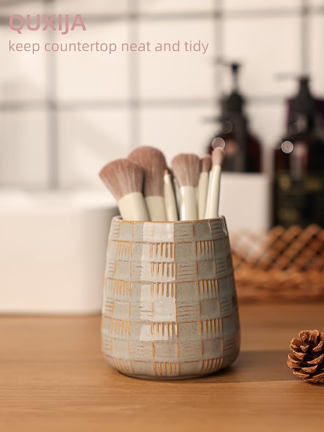 Ceramic Makeup Brush Holders, Bathroom Vanity and Countertop,Make up Brushes Cup for Cosmetics, Lipsticks, Bathroom Vanity Desktop Storage (Vintage Grey)