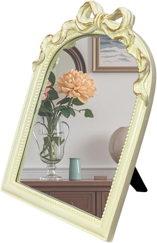 Cream Bow Mirror - 13x10 Inch Perfect Elegant Decorative Accent, Wall-Mounted Tabletop Makeup Mirror for Nursery Baby Room Bedroom Decor