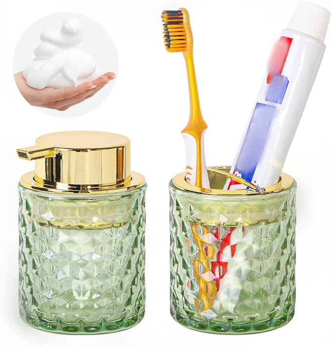 Bathroom Accessories Set 2pcs Glass Foaming Soap Dispenser and Toothbrush Holder for Bathroom Countertop, Green Glass Bathroom Assessory Set with Gold Decor