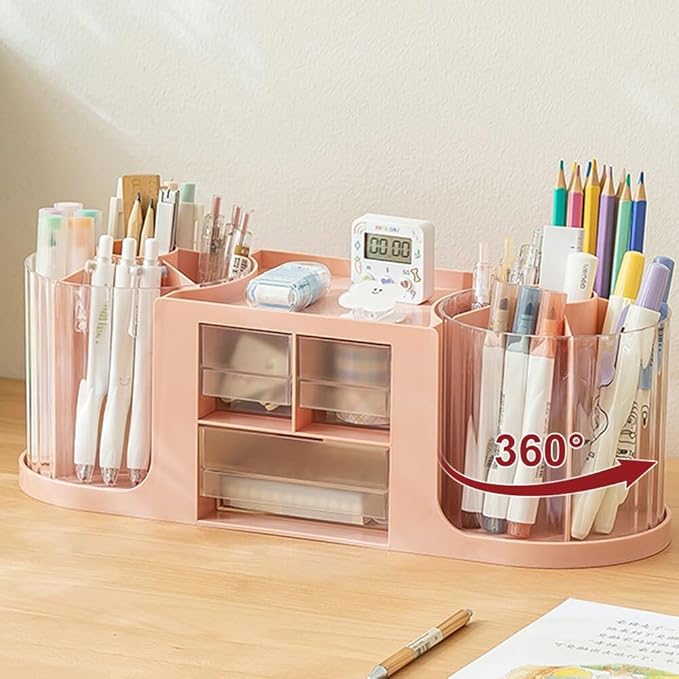 360 Rotating Makeup Brush Holder with 3 Drawers, Makeup Organizer Countertop with 10 Slots Pencil Holder,Hair Comb Holder for Vanity (Pink (3 Drawer))