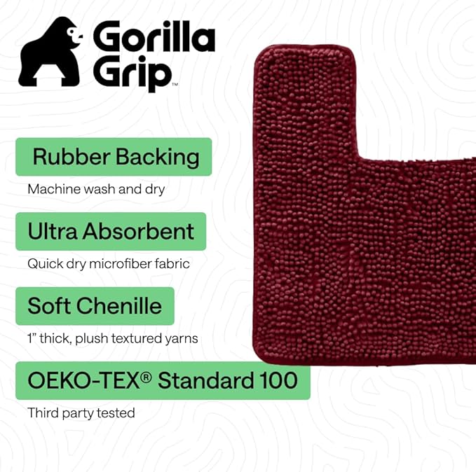 GORILLA GRIP Plush Absorbent Shaggy Chenille Bath Rug Mat for Square Toilet Base with Rubber Backing, Machine Washable Rugs, Soft Microfiber Contour Mats for Toilets, Bathroom Decor, Burgundy