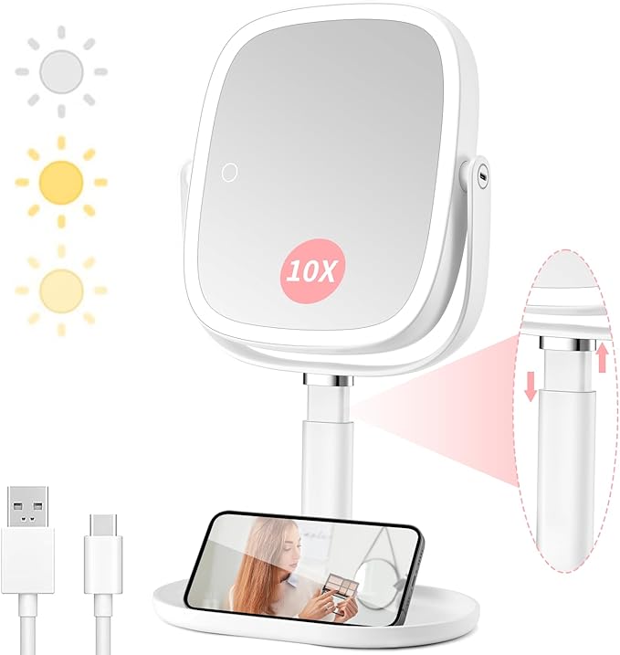 Lighted Makeup Mirror with Lights and Magnification,1x/10x Magnifying Mirror with Light Rechargeable,Height Adjustable Vanity Mirror with 3 Color Lights Double Sided 360° Rotation,Gifts for Women