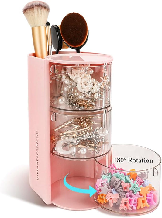WCHOSOZH 3-Tier Clear Hair Accessories Organizer with Hair Brushes Holder, Rotatable Drawer Makeup Sponge Holder Desktop Organizer Case for Makeup Brush Lipsticks Q-tip Cotton Swab Stationery (Pink)