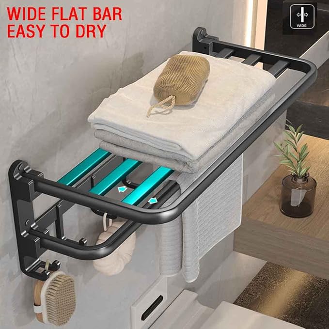 (1 Pack) Yariwiz Matte Black Towel Rack Wall Mounted No Drill and Screw Mounting, Bathroom Bath Shower Length 24 inch Double Towel Rod with Shelf Hotel Towel Rack B0503-MB
