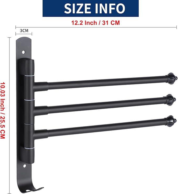 Black Towel Rack Swivel Hanger Towel Bar for Bathrrom Wall Mounted Drying Rack Space Saving Storage Organizer Hanging Holder 12Inch (Stainless Steel, Black 3-Arm)