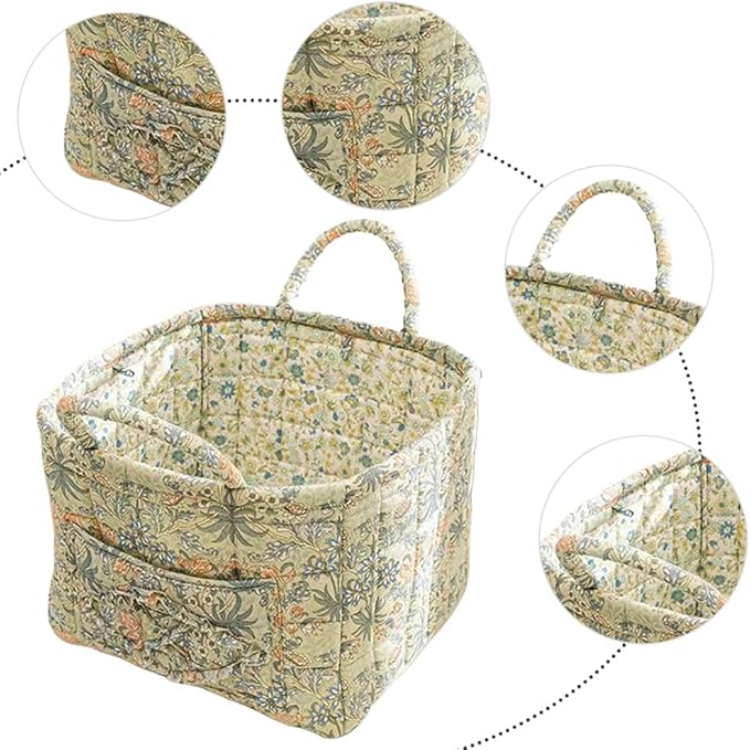 Quilted Fabric Storage Basket Boho Floral Laundry Hamper with Handle Foldable Floral Basket Organizer for Car Bedroom