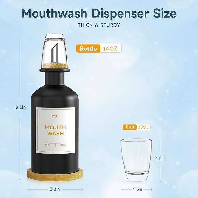 Black Glass Mouthwash Dispenser for Bathroom Countertop – 14oz/410ml Refillable Mouthwash Container with Glass Cup & Bamboo Tray, Modern Bathroom Decor for Home, Office, Airbnb (Black)