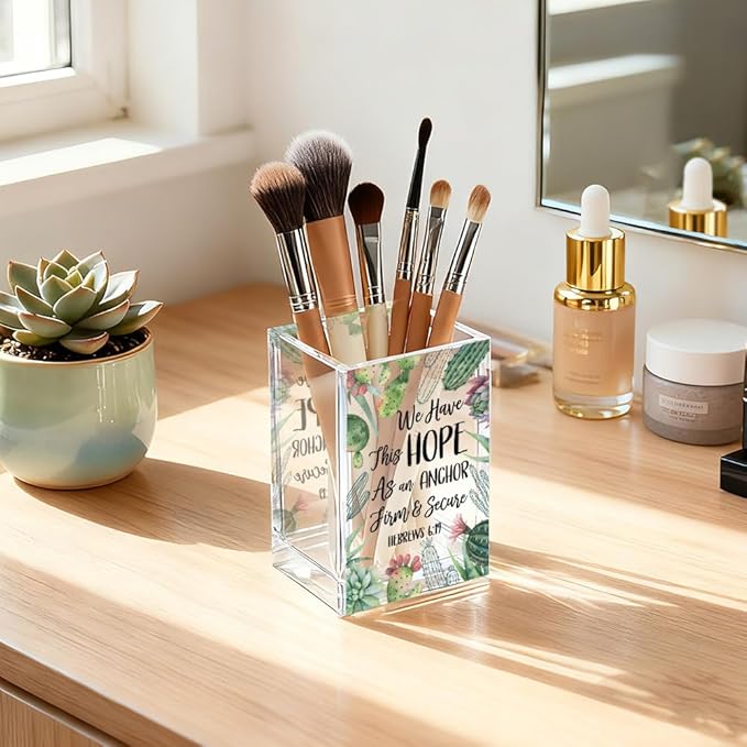 We Have This Hope As An Anchor Firm & Secure Acrylic Pencil Holder Cup, Bible Verse Inspirational Pen Holder for Home Desk, Hebrews 6:19 Christian Gifts for Women Girls, Makeup Brush Organizer
