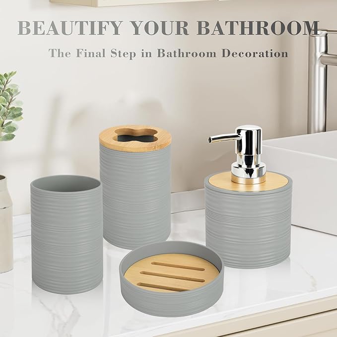 4 PCS Grey Bathroom Accessories Set, Includes a Soap Dispenser, Toothbrush Holder, Soap Dish and Mouthwash Cup, Plastics & Bamboo Bathroom Set, Bohemian Style Bathroom Sink Set