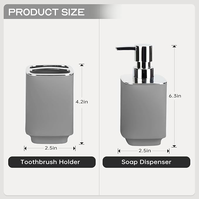 Grey Bathroom Accessories 2 Pieces, Soap Dispenser and Toothbrush Holder Set for Boho Bathroom