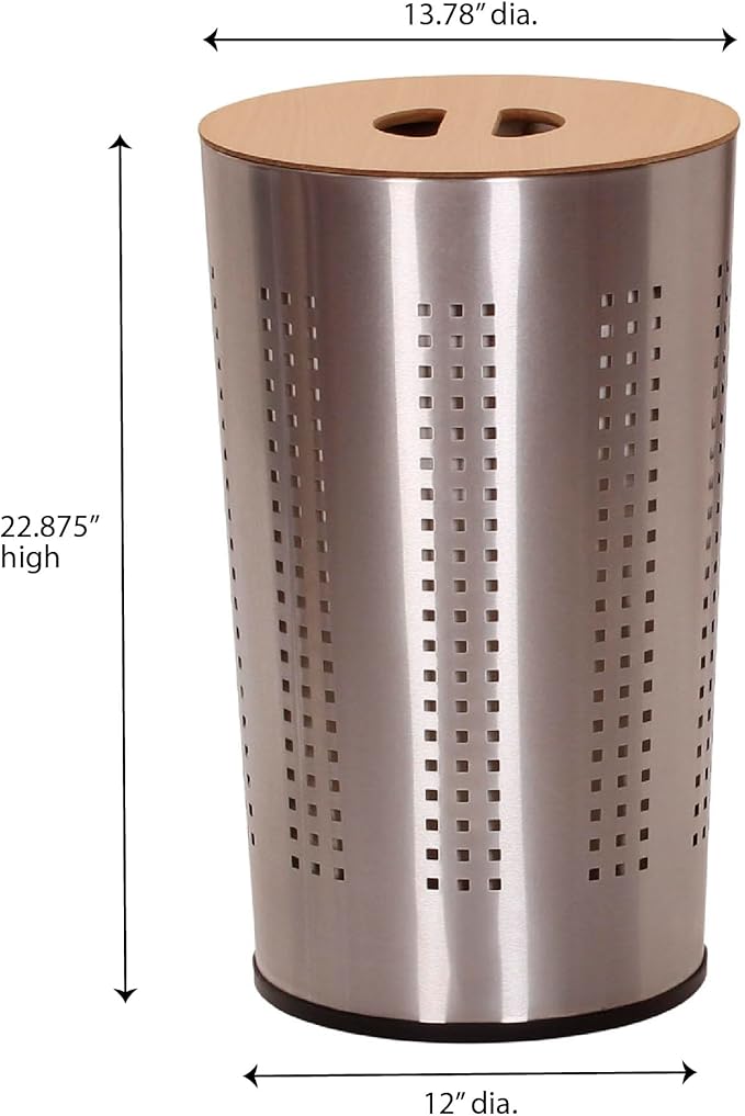 Household Essentials 7081-1 Round Metal Laundry Hamper - Removable Liner Bag and Wood Lid - Stainless Steel