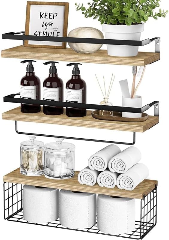 Generic Wooden Floating Shelves for Bathroom Organizer Over Toilet Wall Shelf Bathroom Organizer with Metal Frame Bathroom Shelf with Basket Storage Rack (Light Burning Color)
