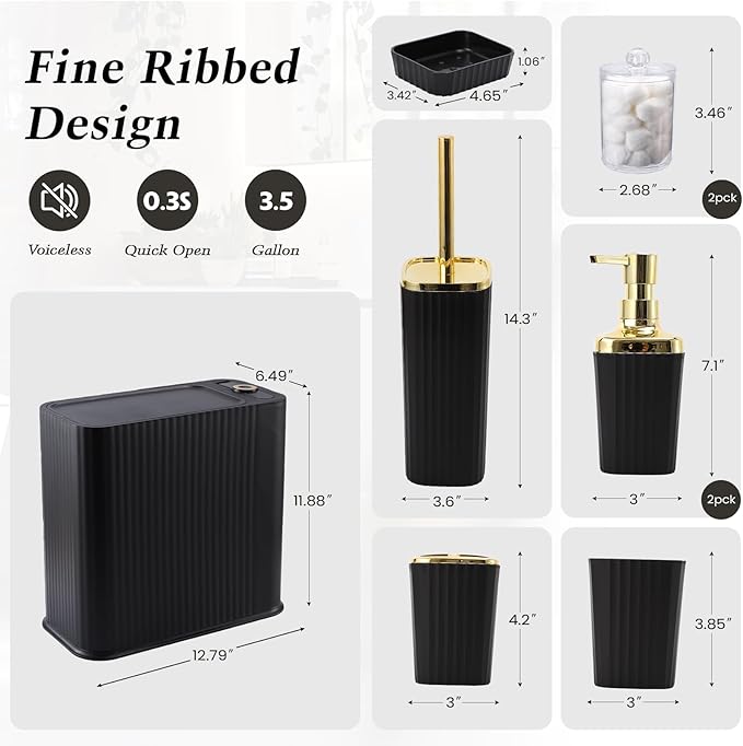 XLHOMO Black and Gold Bathroom Accessories Set - 9 Piece Complete Organization Kit with Slim Pop-up Trash Can, Toilet Brush, Lotion Dispensers, Jars & Soap Dish - Modern Matte Stripe Bathroom Decor