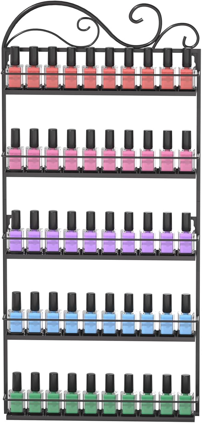 ERYTLLY Wall Mounted Nail Polish Rack, Rectangle Nail Storage Organizer, Salon Shelf Organizer (Black)