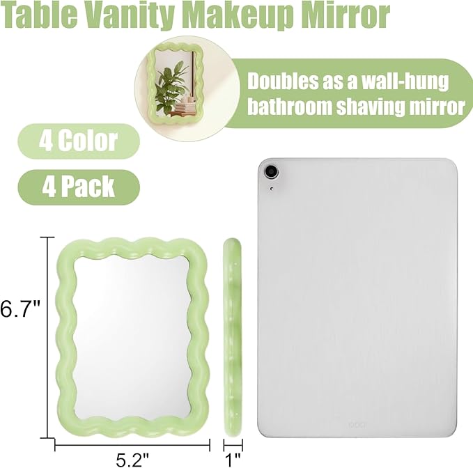 4 Pack Table Vanity Makeup Mirror, Wave Shaped Desk Mirror with Stand, Small Portable Folding Mirrors, Tabletop Adjustable Travel Mirrors, Hanging Bathroom for Shaving, 4 Colors, 6.7" × 5.2"
