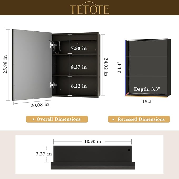 TETOTE Black Led Bathroom Medicine Cabinet with Mirror 20 x 26 Recessed or Surface Mount Metal Framed Lighted Medicine Cabinet, Tempered Glass, 3 Color Dimming, Anti-Fog, 2 Outlets, Adjustable Shelf