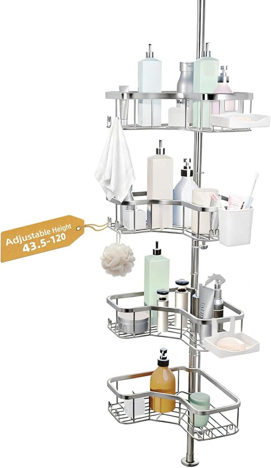 Corner Shower Caddy Tension Pole, 4 Tier Rust-Resistant Adjustable Bathroom Organizer Shelves, Bathtub Storage Rack with Soap Holder, No-Drill Install, Floor to Ceiling Rod 47-121 Inch, Silver