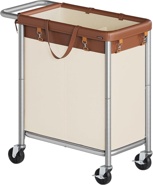 SONGMICS Laundry Basket with Wheels, 2-Section Rolling Laundry Hamper, 37 Gallons (140 L), Removable Liner, Steel Frame with Handle, 27.2 x 15.4 x 31.9 Inches, Coffee Brown and Cream White URLS004KQ02