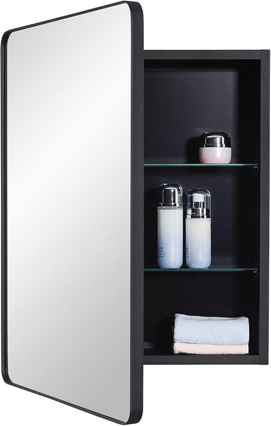 IDYLLOR Black Bathroom Mirror Medicine Cabinet with Round Corner Framed Door 20 x 26 inch, Recessed or Surface Mount, with Adjustable Glass Shelves
