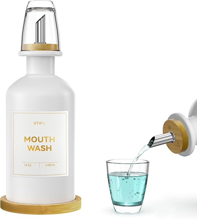White Glass Mouthwash Dispenser for Bathroom Countertop – 14oz/410ml Refillable Mouthwash Container with Glass Cup & Bamboo Tray, Modern Bathroom Decor for Home, Vacation Rentals, Gym (White)