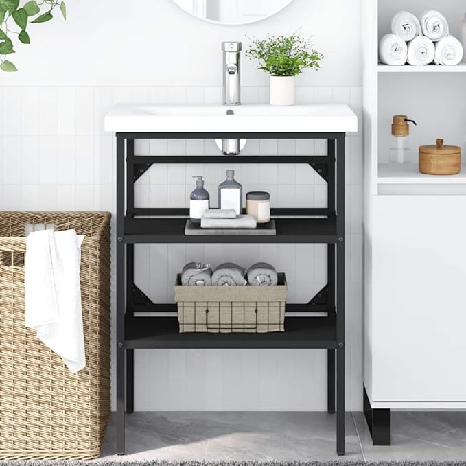 vidaXL Black Iron Bathroom Washbasin Frame - Powder-Coated Console Sink Stand for Towel Storage, 23.2"x15"x32.7"