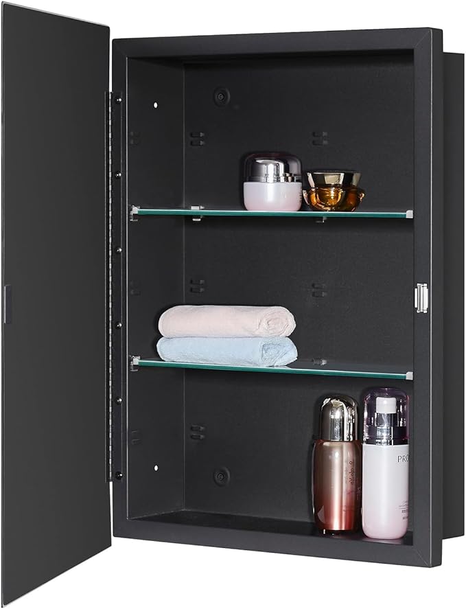 IDYLLOR Black Bathroom Medicine Cabinet with Beveled Edge Mirrored Door 16 x 22 inch, Recessed or Surface Mount, with Adjustable Glass Shelves