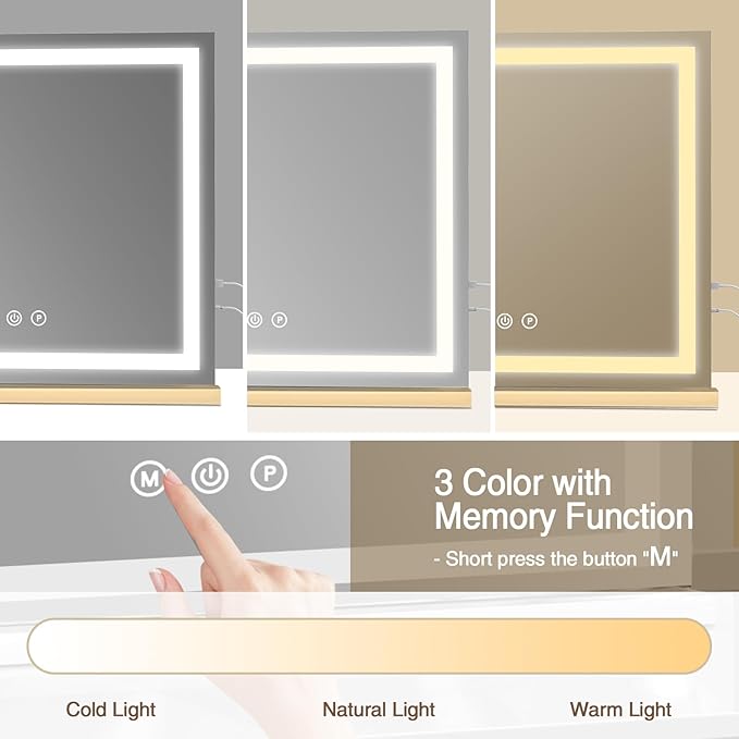 halumao Vanity Mirror with Lights, 31.5" x 23.6" Large Makeup Mirror with LED Lights, Smart Touch Dimmable 3-Color Light, Memory Function, USB Charging Port
