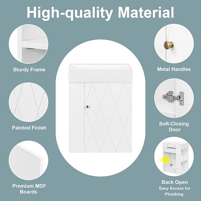 Virubi 20" Floating Bathroom Vanity with Sink, Soft Closing Door,and Storage Shelves, Solid Wood Frame & MDF Modern Single Small Bathroom Vanity Cabinet with Open Shelf,Wall Mounted (White)