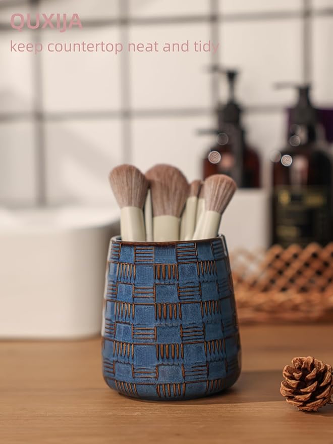 Ceramic Makeup Brush Holders, Bathroom Vanity and Countertop,Make up Brushes Cup for Cosmetics, Lipsticks, Bathroom Vanity Desktop Storage (Vintage Blue)