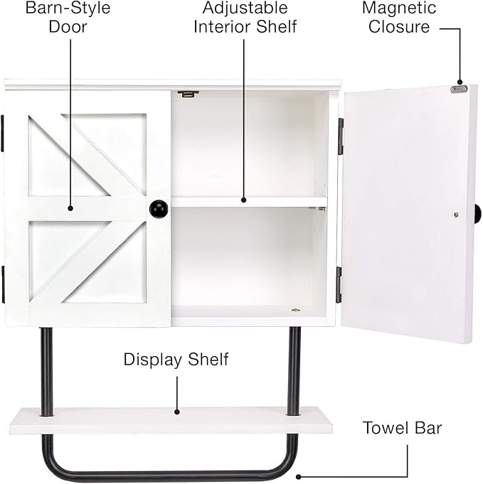 EXCELLO GLOBAL PRODUCTS 17x21” Barndoor Bathroom Wall Cabinet, Space Saver Storage Cabinet Kitchen Medicine Cabinet with Adjustable Shelf and Towel Bar, White