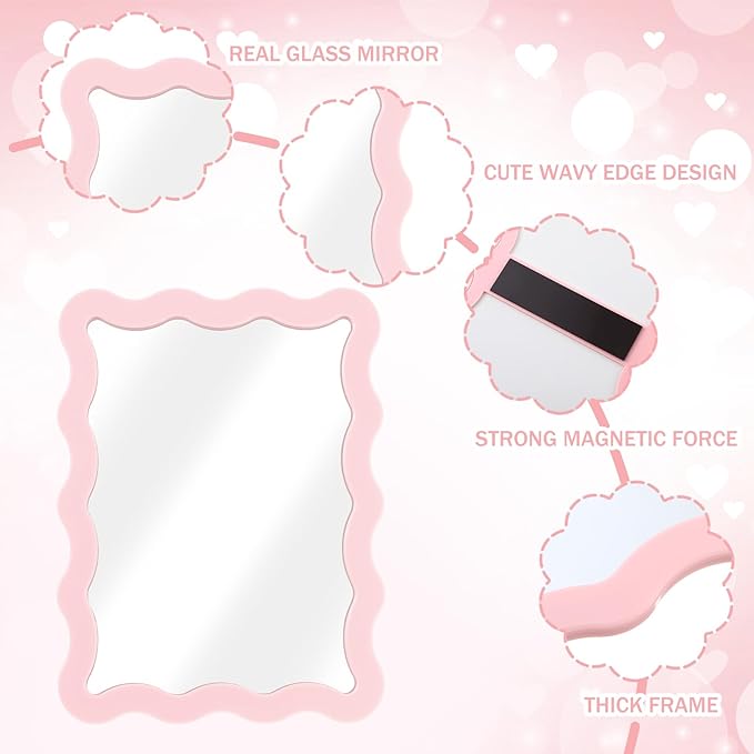 Leinuosen 2 Pcs Scalloped Magnetic Locker Mirror Small Real Glass Makeup Mirror with Magnetic Backing Cute Locker Decorations for Office Cabinet Lockers Accessories (5 x 7 Inch,Pink,White)