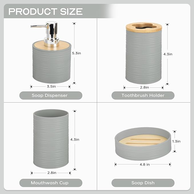 4 Pieces Bamboo Bathroom Accessories Set, Bathroom Accessory Set with Soap Dispenser and Toothbrush Holder, Soap Dish and Toothbrush Cup, Boho Bathroom Decor(Grey)