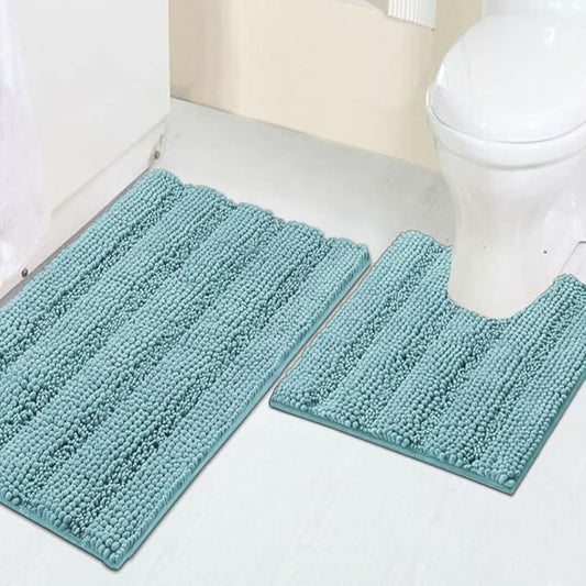 Turquoize Chenille Bathroom Rugs Set Non-Slip Bath Mats for Bathroom Super Absorbent Shaggy Rugs for Tub Shower Toilet Plush Bath Rug Plus U Shaped Rug (Standard: 20" x 32" and 20" x 20" U), Aqua