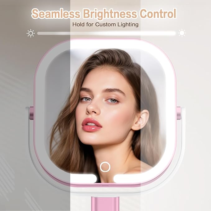 Makeup Mirror with Lights, 1X/10X Magnifying Vanity Mirror with 3 Colors, 2000mAh Rechargeable Double Sided Magnifying Mirror, Height Brightness Adjustable, 360° Rotation Vanity（Rose）