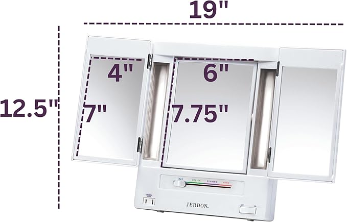 JERDON Tri-Fold Two-Sided Makeup Mirror with Lights - Vanity Mirror with 5X Magnification & Multiple Light Settings - White Base - Model JGL9W