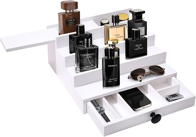 White Cologne Organizer for Men - 4 Tier Wooden Cologne Display Stand with Drawer and Hidden Compartment for Organizing and Storing, Mens Cologne Holder Shelf for Dresser