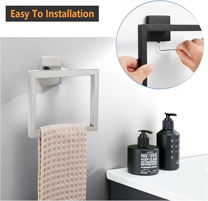 Towel Ring - Thicken SUS 304 Stainless Steel Towel Holder, Towel Racks for Bathroom, Square Modern Design Hand Towel Holder, Contemporary Hand Towel Bar - Brushed Nickel