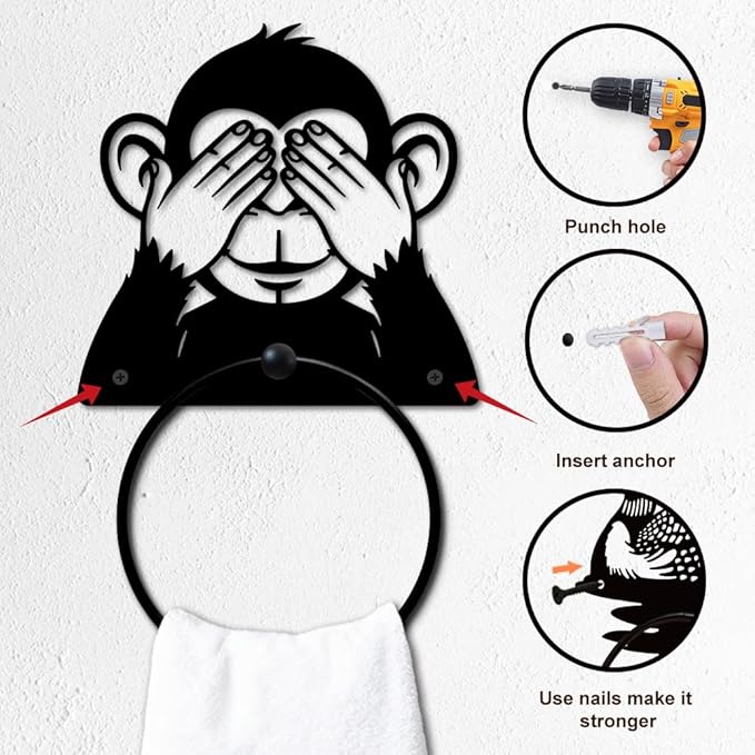 MAYJOYDIY Monkey Metal Towel Ring Round Animal Hand Towel Holder Ring Hanger Black Vintage Towels Wall Organizer for Kitchen Bath Home Laundry Room Decors Gifts