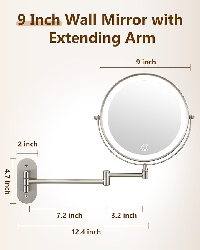 DECLUTTR 9" Wall Mounted Lighted Makeup Mirror, Rechargeable 1X/20X Magnifying Mirror with Light Double Sided, Touch Dimmable 3 Color Light, 360 Rotation Vanity Mirror
