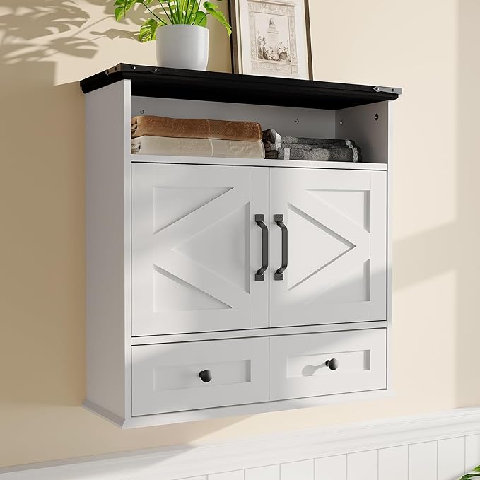 Farmhouse Wall Mounted Medicine Cabinet with Adjustable Shelves, Double Barn Doors & Removable Drawer - Rustic Bathroom Over The Toilet Storage Cabinet for Bathroom, Kitchen, Hallway
