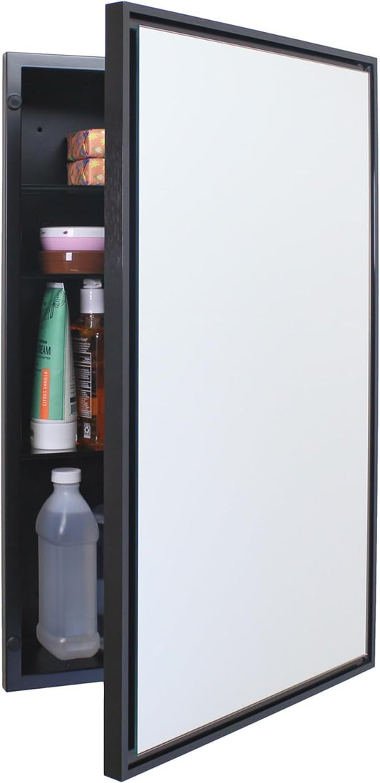 Fox Hollow Furnishings 16x26 Parker Metro Metal Framed Rectangle Recessed Bathroom Medicine Cabinet, Floating Mirror, 14x24 in-Wall Opening, Steel, Adjustable Glass Shelves, Magnet Close, Black