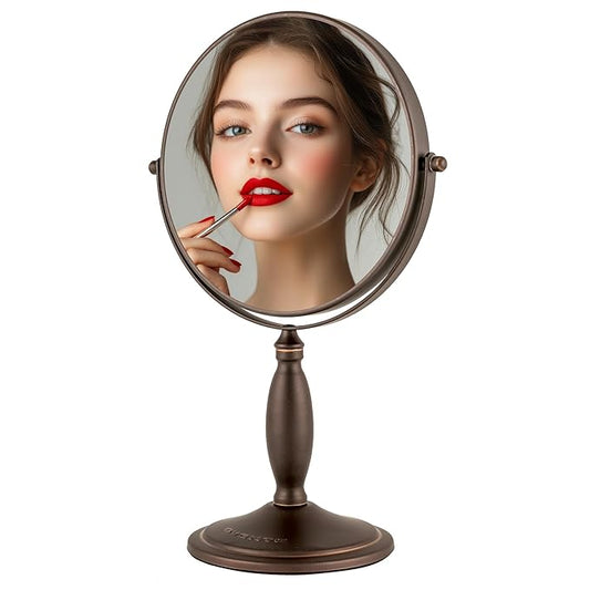 OVENTE 8'' Tabletop Makeup Mirror with 1X/7X Magnification, 360° Swivel Design and Double-Sided Free-Standing Vanity Mirror Perfect for Dresser, Bedroom and Office Desk, Antique Bronze MNLAT80ABZ1X7X